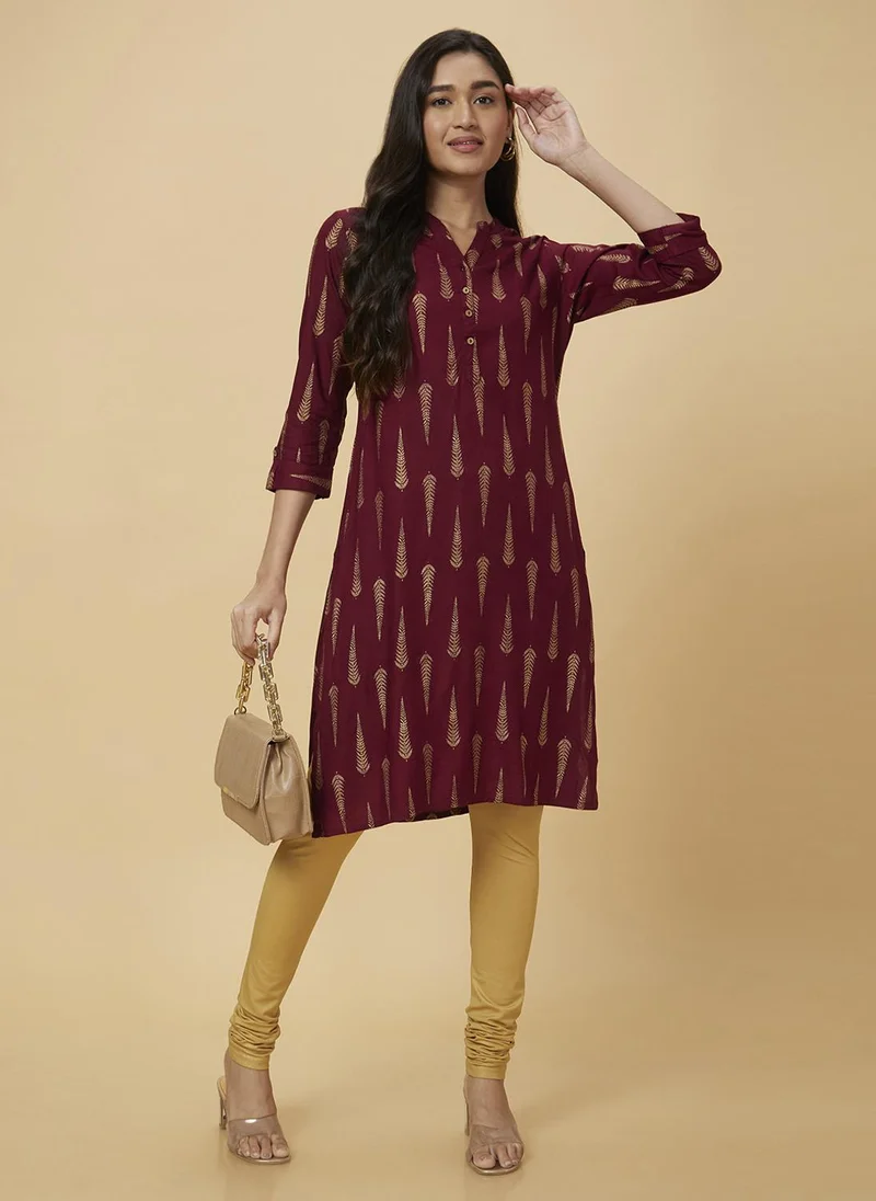 globus Globus Women Maroon Ethnic Motifs Printed Mandarin Collar Roll-Up Sleeves Straight Kurta
